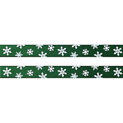 Panglică satinată, imprimeu fulgi de nea, lățime 10 mm (rola 20 m) - verde închis