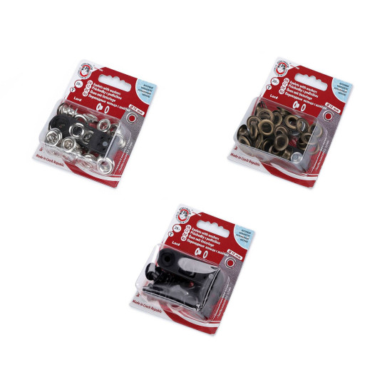 Ocheți metalici inoxidabili cu dispozitiv de atașare, ø7 mm - Lac negru (1 Blister) Ocheți metalici inoxidabili cu dispozitiv de atașare, ø7 mm - Lac negru (1 Blister)