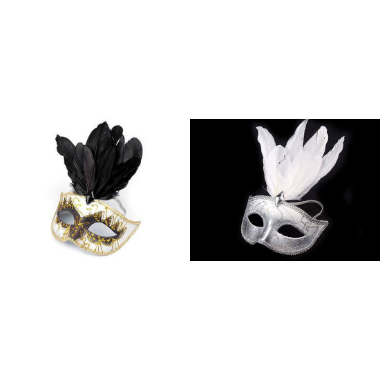 Mască de carnaval cu pene - Negru (12 Bucăți)