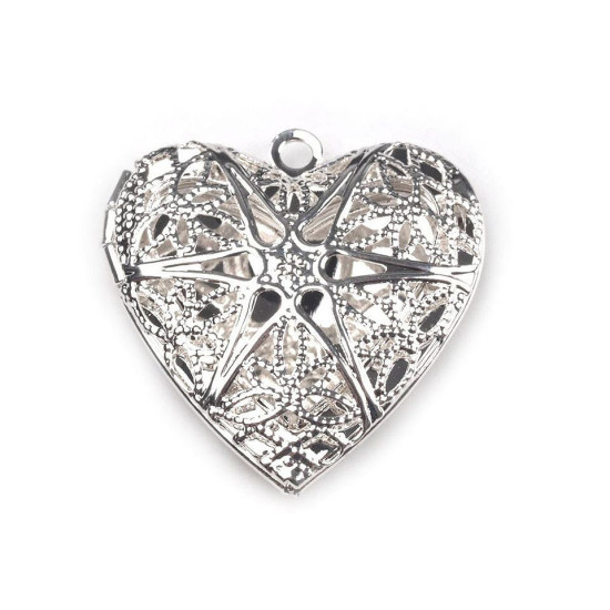 Pandantiv medalion pentru poză inimă, 26x26mm - Platinum (4 Bucăți)