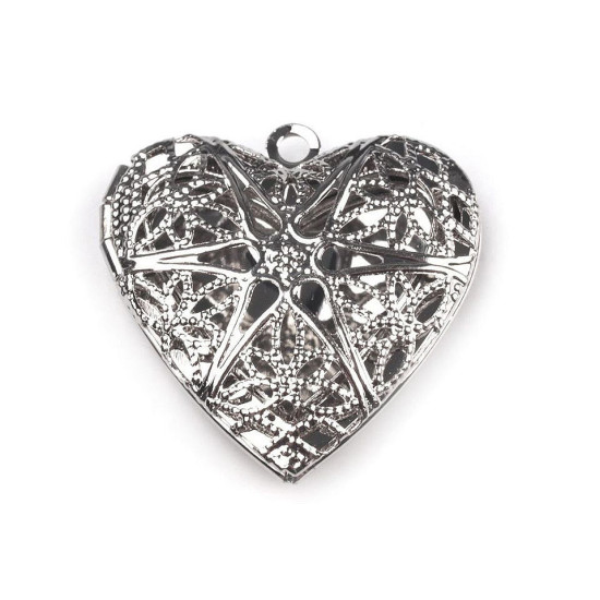 Pandantiv medalion pentru poză inimă, 26x26mm - Platinum (4 Bucăți)