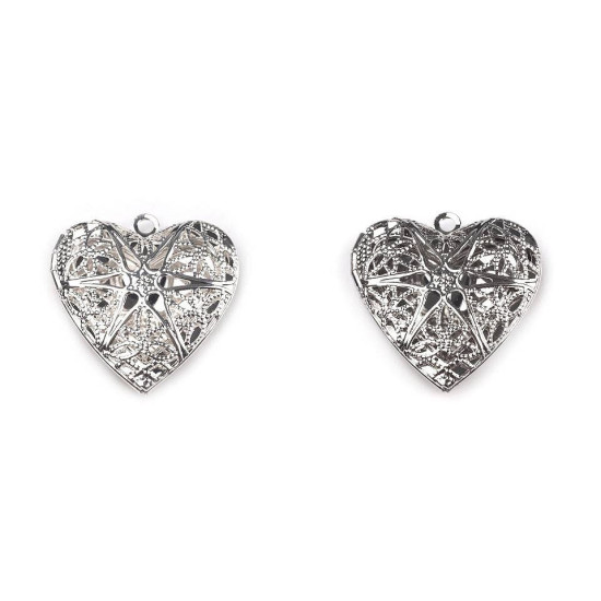 Pandantiv medalion pentru poză inimă, 26x26mm - Platinum (4 Bucăți)