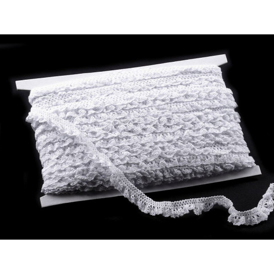Dantelă bumbac elastică cu volănașe, lățime 15 mm - Alb (27 Metri) Dantelă bumbac elastică cu volănașe, lățime 15 mm - Alb (27 Metri)