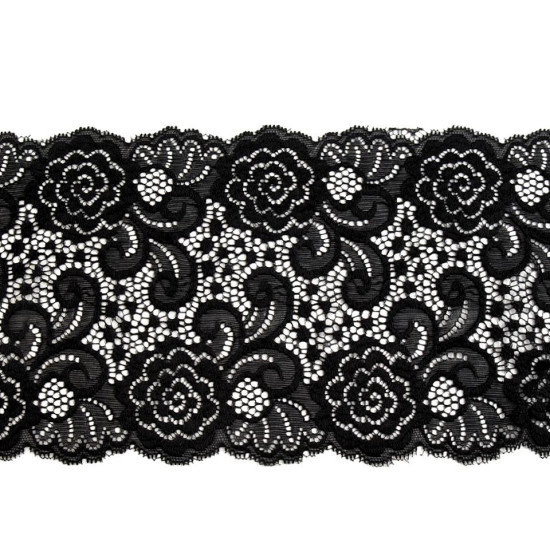 Dantelă elastică, lățime 15 cm - Negru (1 Metru) Dantelă elastică, lățime 15 cm - Negru (1 Metru)