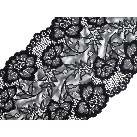 Dantelă elastică, lățime 18,5 cm - Negru (1 Metru) Dantelă elastică, lățime 18,5 cm - Negru (1 Metru)