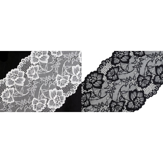 Dantelă elastică, lățime 18,5 cm - Negru (1 Metru) Dantelă elastică, lățime 18,5 cm - Negru (1 Metru)