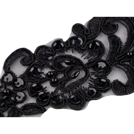 Aplicație brodată pe organza cu perle ți paiete, 11x26 cm - Negru (10 Bucăți)