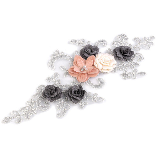 Aplicație brodată pe organza cu perle ți paiete, 11x26 cm - Negru (10 Bucăți)