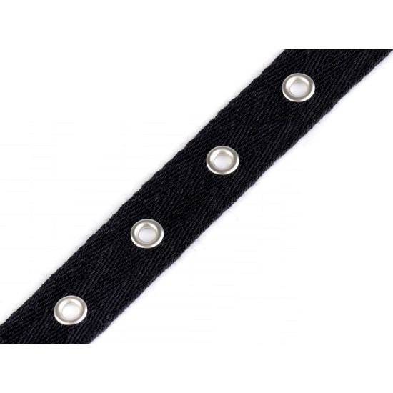 Bandă bumbac cu ocheți metalici, lățime 20 mm - Negru (9 Metri) Bandă bumbac cu ocheți metalici, lățime 20 mm - Negru (9 Metri)