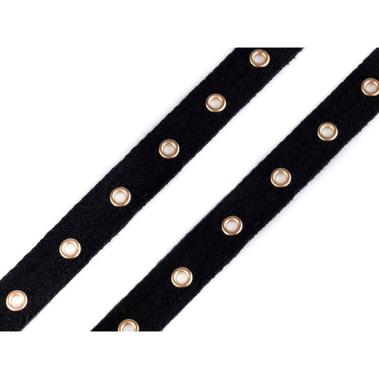 Bandă bumbac cu ocheți metalici, lățime 20 mm - Negru (9 Metri) Bandă bumbac cu ocheți metalici, lățime 20 mm - Negru (9 Metri)