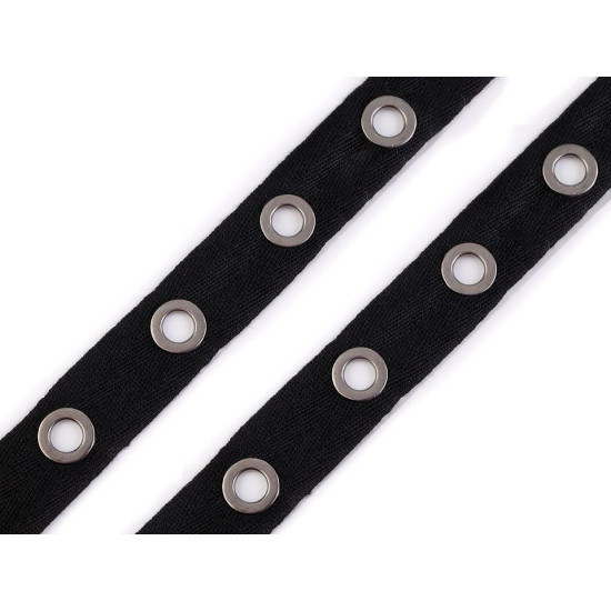 Bandă bumbac cu ocheți metalici, lățime 24 mm - Negru (27 Metri) Bandă bumbac cu ocheți metalici, lățime 24 mm - Negru (27 Metri)