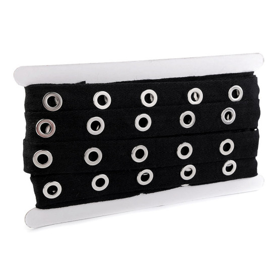 Bandă bumbac cu ocheți metalici, lățime 24 mm - Negru (27 Metri) Bandă bumbac cu ocheți metalici, lățime 24 mm - Negru (27 Metri)