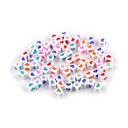 Mărgele din plastic cuburi cu inimioare 6 mm - Mix (10 Grame)