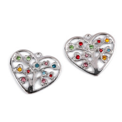 Pandantiv inimă cu pomul vieții și pietricele 26x30 mm - Platinum (2 Bucăți)