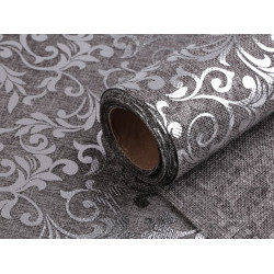 Imitație iută, imprimeu floral, lățime 24 cm - Gri neutral (1 Metru)