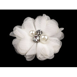 Flori textile cu perle și strasuri,5 cm - Alb (10 Bucăți)
