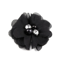 Flori textile cu perle și strasuri,5 cm - Negru (10 Bucăți)