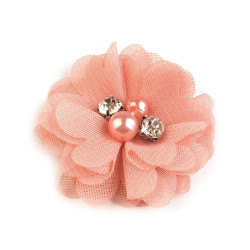 Flori textile cu perle și strasuri,5 cm - Roz coral (10 Bucăți)