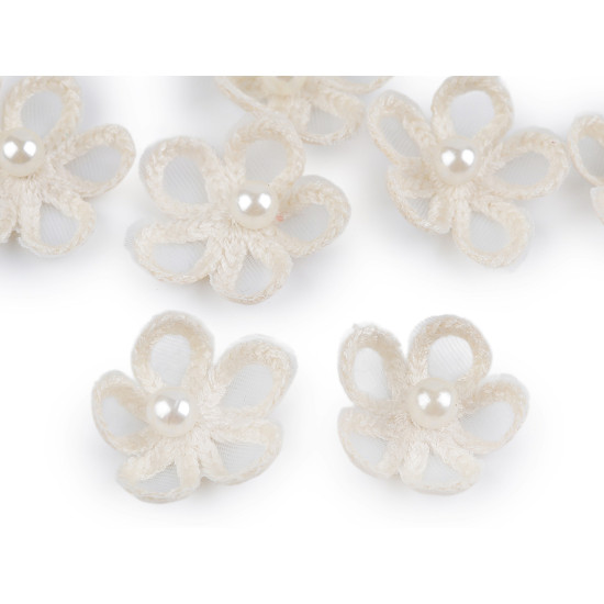 Flori din organza cu perlă, ø2,5 cm - Off white (120 Bucăți) Flori din organza cu perlă, ø2,5 cm - Off white (120 Bucăți)