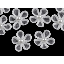 Flori din organza cu perlă, ø2,5 cm - Off white (10 Bucăți)