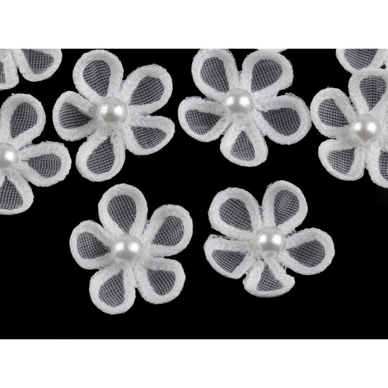 Flori din organza cu perlă, ø2,5 cm - Off white (120 Bucăți) Flori din organza cu perlă, ø2,5 cm - Off white (120 Bucăți)
