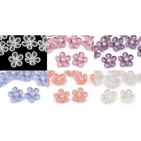 Flori din organza cu perlă, ø2,5 cm - Off white (120 Bucăți) Flori din organza cu perlă, ø2,5 cm - Off white (120 Bucăți)