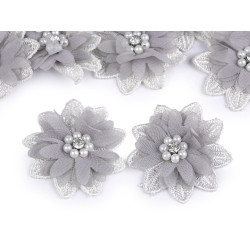 Flori textile cu mărgele, ø5 cm - Gri neutral (10 Bucăți)