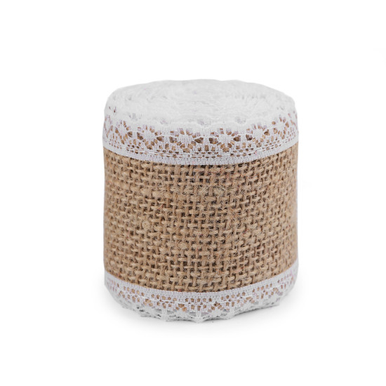 Panglică din iută cu dantelă, lățime 50 mm, 60 mm - Ecru natural (1 Bucată) Panglică din iută cu dantelă, lățime 50 mm, 60 mm - Ecru natural (1 Bucată)