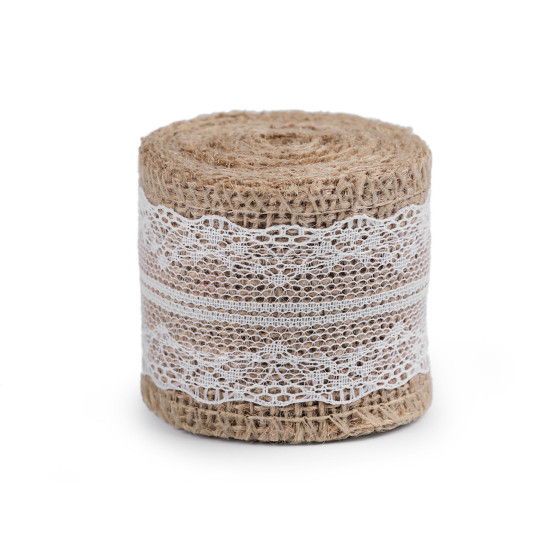 Panglică din iută cu dantelă, lățime 50 mm, 60 mm - Ecru natural (1 Bucată) Panglică din iută cu dantelă, lățime 50 mm, 60 mm - Ecru natural (1 Bucată)