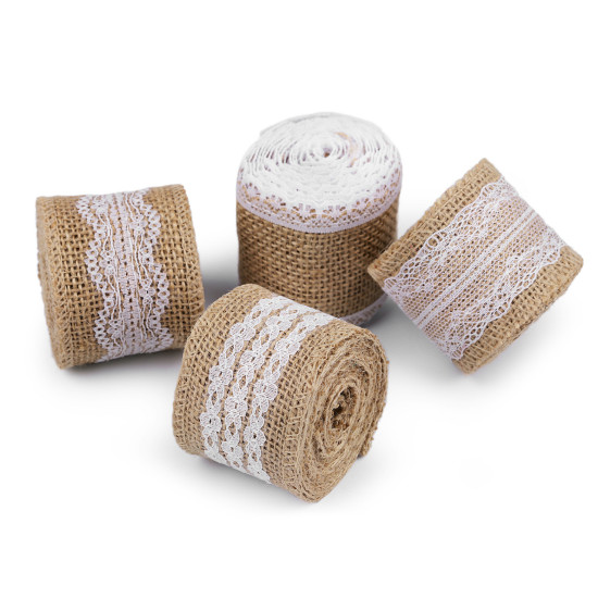 Panglică din iută cu dantelă, lățime 50 mm, 60 mm - Ecru natural (1 Bucată) Panglică din iută cu dantelă, lățime 50 mm, 60 mm - Ecru natural (1 Bucată)