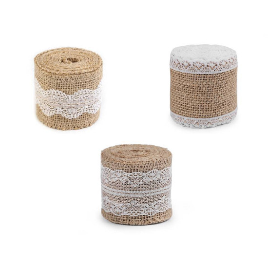 Panglică din iută cu dantelă, lățime 50 mm, 60 mm - Ecru natural (1 Bucată) Panglică din iută cu dantelă, lățime 50 mm, 60 mm - Ecru natural (1 Bucată)