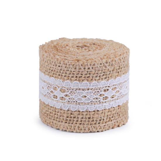 Panglică din iută cu dantelă, lățime 50 mm, 60 mm - Ecru natural (1 Bucată) Panglică din iută cu dantelă, lățime 50 mm, 60 mm - Ecru natural (1 Bucată)