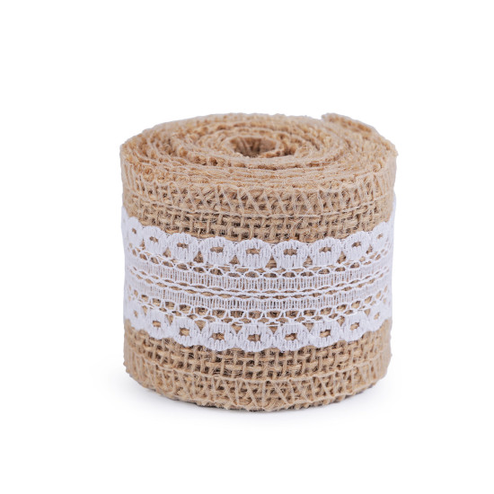 Panglică din iută cu dantelă, lățime 50 mm, 60 mm - Ecru natural (1 Bucată) Panglică din iută cu dantelă, lățime 50 mm, 60 mm - Ecru natural (1 Bucată)