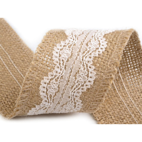 Panglică din iută cu dantelă, lățime 50 mm, 60 mm - Ecru natural (1 Bucată) Panglică din iută cu dantelă, lățime 50 mm, 60 mm - Ecru natural (1 Bucată)