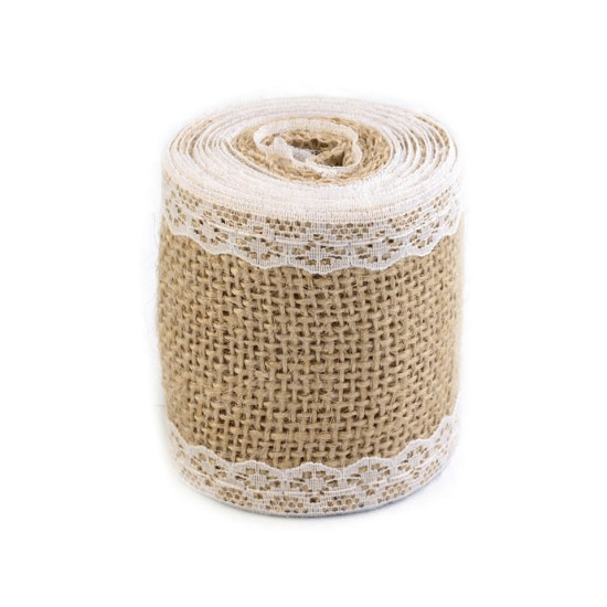 Panglică din iută cu dantelă, lățime 50 mm, 60 mm - Ecru natural (1 Bucată) Panglică din iută cu dantelă, lățime 50 mm, 60 mm - Ecru natural (1 Bucată)