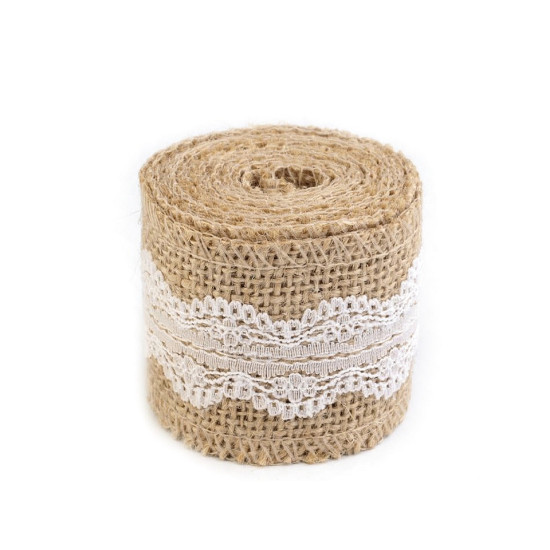 Panglică din iută cu dantelă, lățime 50 mm, 60 mm - Ecru natural (1 Bucată) Panglică din iută cu dantelă, lățime 50 mm, 60 mm - Ecru natural (1 Bucată)