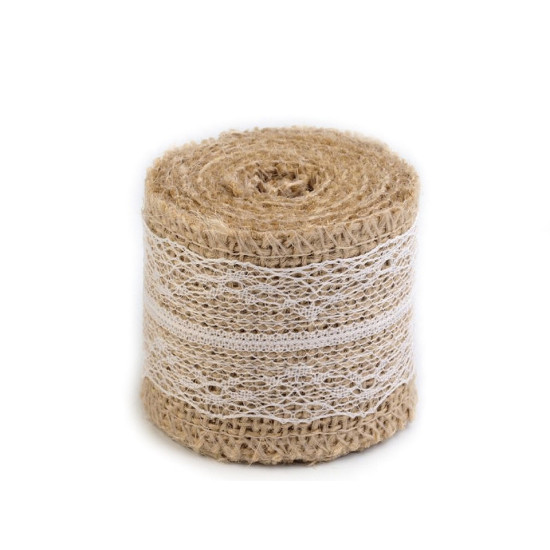 Panglică din iută cu dantelă, lățime 50 mm, 60 mm - Ecru natural (1 Bucată) Panglică din iută cu dantelă, lățime 50 mm, 60 mm - Ecru natural (1 Bucată)