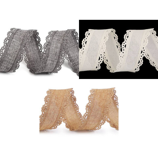 Panglică imitație iută cu margini dantelate, lățime 25 mm - Gri perlă (54 Metri) Panglică imitație iută cu margini dantelate, lățime 25 mm - Gri perlă (54 Metri)