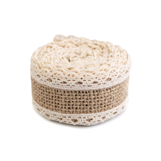 Panglică din iută cu dantelă, lățime 38 mm - Ecru deschis (1 Bucată) Panglică din iută cu dantelă, lățime 38 mm - Ecru deschis (1 Bucată)