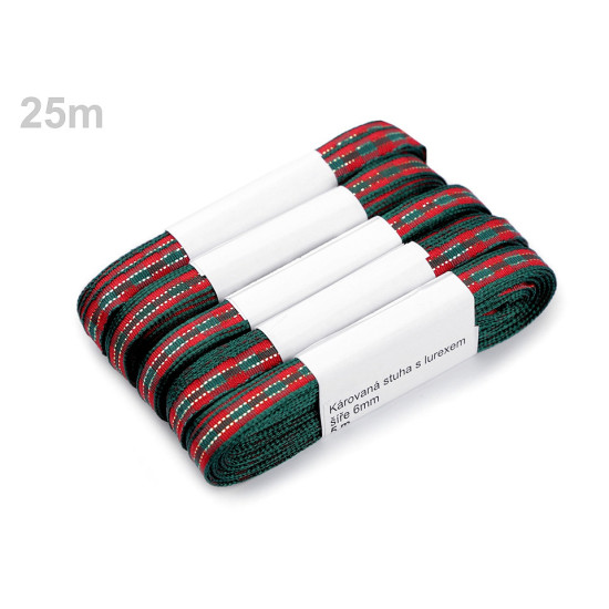 Panglică în carouri cu fir lame, lățime 6 mm - Roșu (20 Metri)