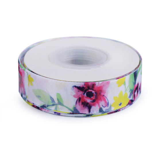 Panglică cu imprimeu floral, lățime 25 mm - Alb (1 Metru) Panglică cu imprimeu floral, lățime 25 mm - Alb (1 Metru)