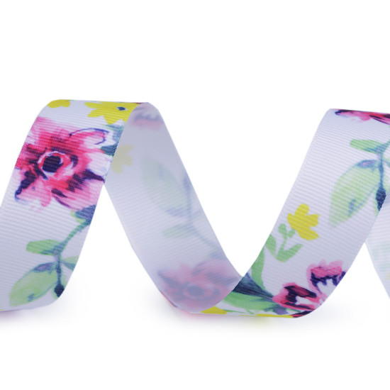 Panglică cu imprimeu floral, lățime 25 mm - Alb (1 Metru) Panglică cu imprimeu floral, lățime 25 mm - Alb (1 Metru)