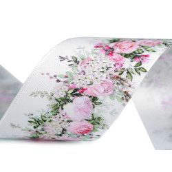 Panglică satinată, imprimeu floral, lățime 40 mm - Roz deschis (1 Metru)