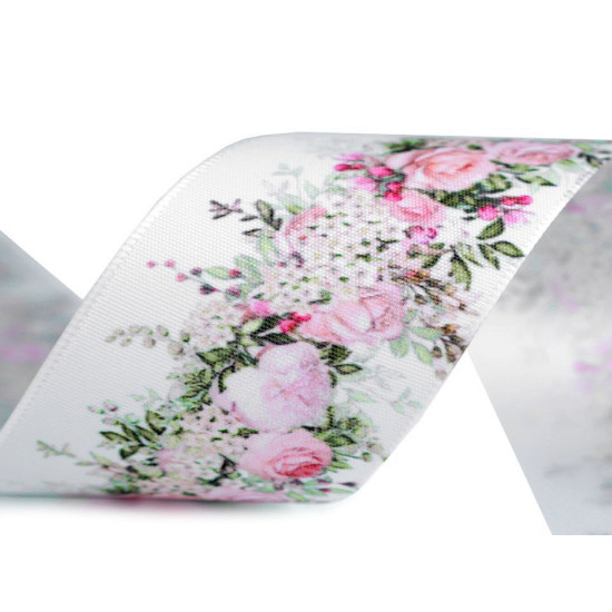 Panglică satinată, imprimeu floral, lățime 40 mm - Roz (1 Metru) Panglică satinată, imprimeu floral, lățime 40 mm - Roz (1 Metru)