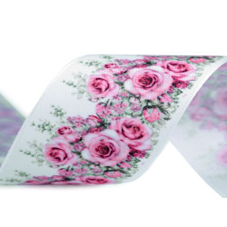 Panglică satinată, imprimeu floral, lățime 40 mm - Roz (1 Metru)