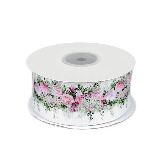 Panglică satinată, imprimeu floral, lățime 40 mm - Roz (1 Metru) Panglică satinată, imprimeu floral, lățime 40 mm - Roz (1 Metru)