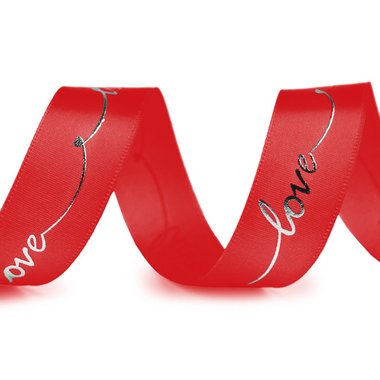 Panglică satinată cu inscripție love, lățime 26 mm - Roșu (1 Metru) Panglică satinată cu inscripție love, lățime 26 mm - Roșu (1 Metru)