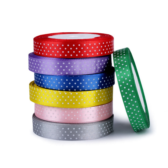 Panglică satinată cu buline, lățime 15 mm - Verde pastel (1 Metru) Panglică satinată cu buline, lățime 15 mm - Verde pastel (1 Metru)