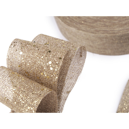Panglică imitație iută cu sclipici, lățime 60 mm - Ecru natural (1 Metru) Panglică imitație iută cu sclipici, lățime 60 mm - Ecru natural (1 Metru)