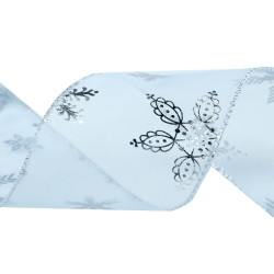 Panglica organza de craciun fulgi de nea latime 60 mm - Bleu nu-mă-uita (1 Metru)